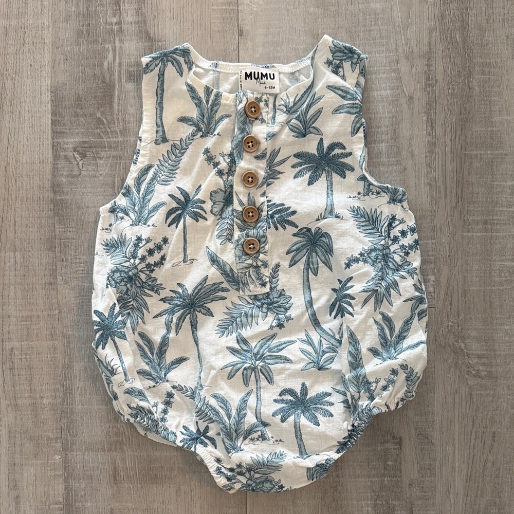 Mumu Tropical Palm Print Baby Romper in Blue